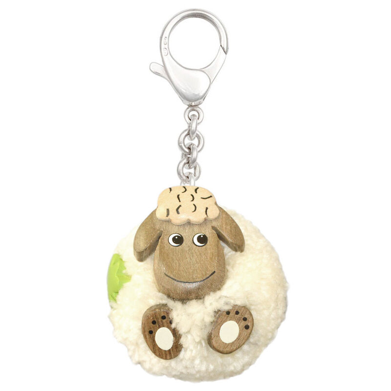 White Fluffy Sheep With Shamrock Handmade Natural Wood Keychain